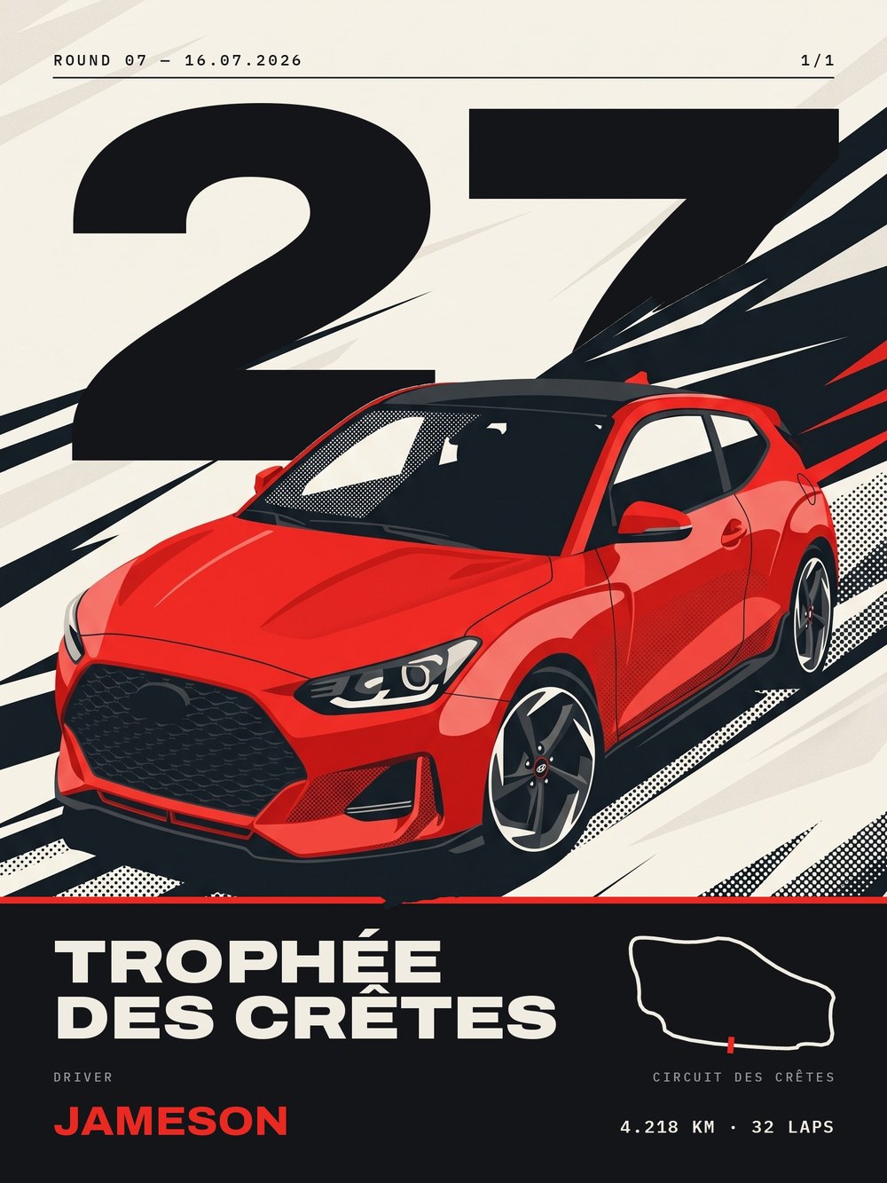 Race-graphic poster of a red hatchback with the number 27 behind it, the event name Grand Prix des Crêtes and the driver name Jameson