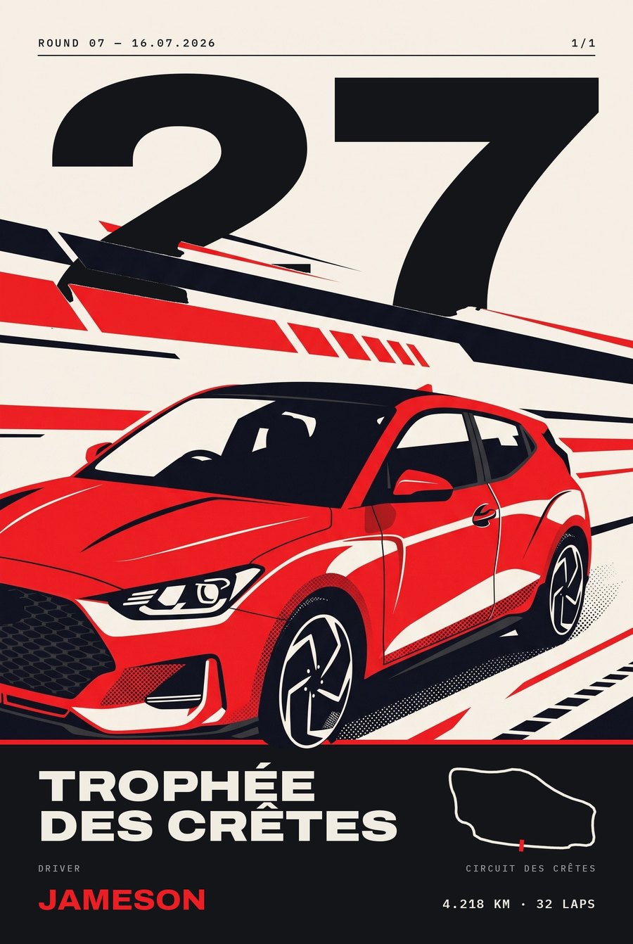 Race-graphic poster with a close crop of the hatchback's front